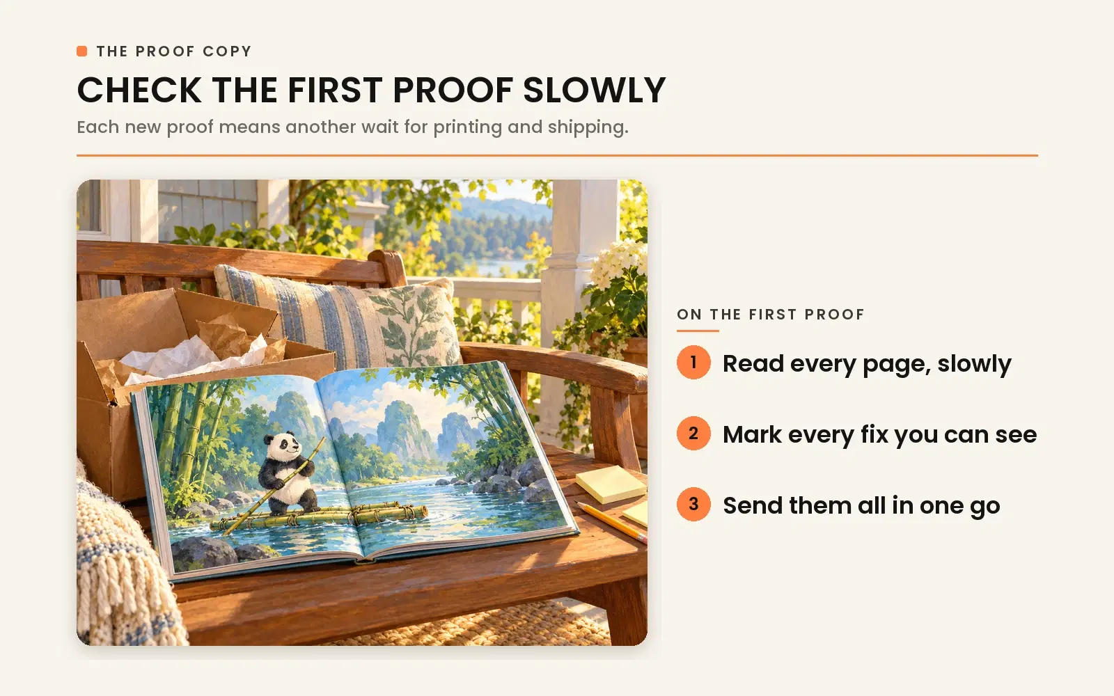 Checking the first proof copy slowly: read every page, mark all fixes, and send revisions in one consolidated round.