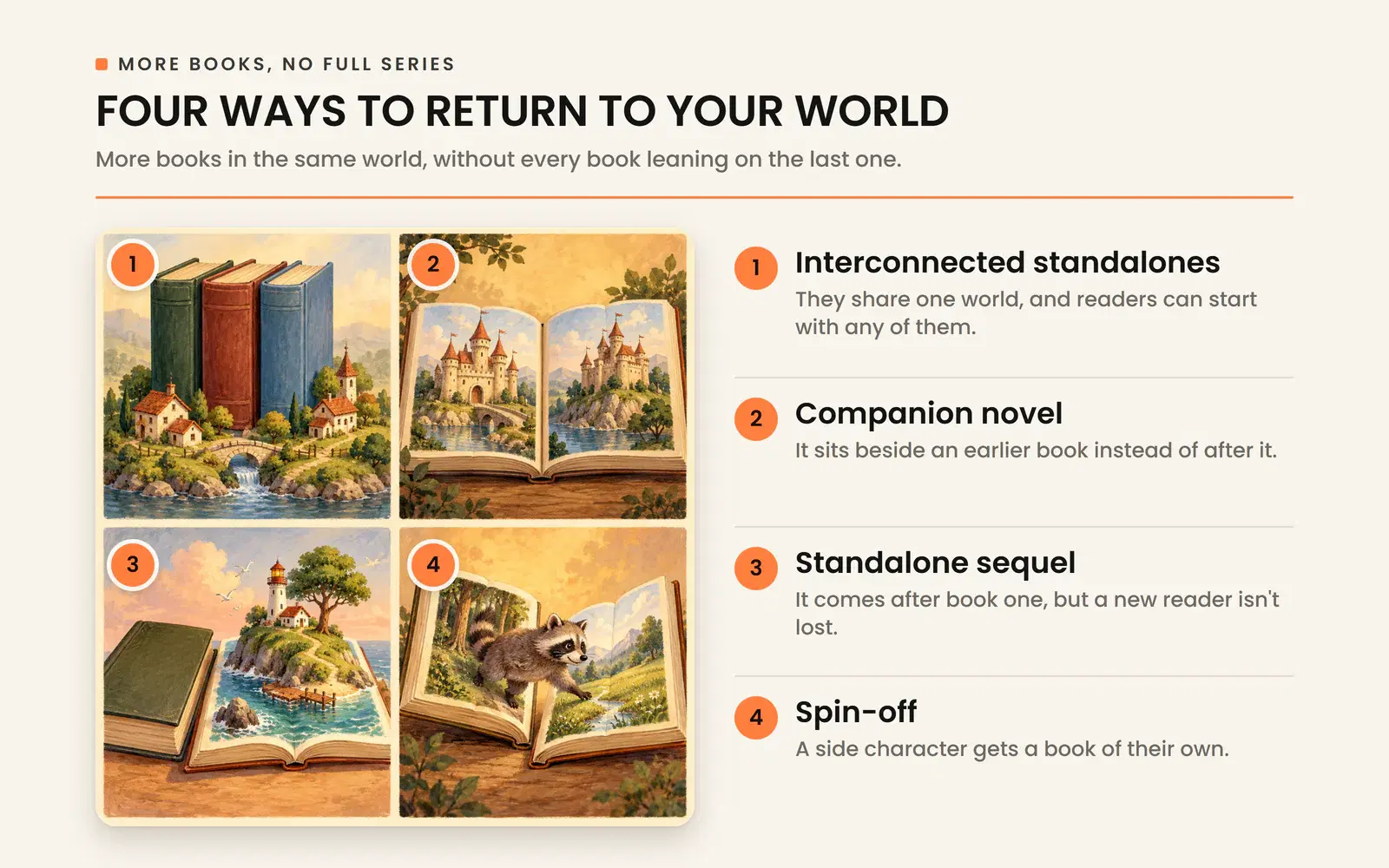 Four ways to write more books without a full series: interconnected standalones, companion, standalone sequel, spin-off.