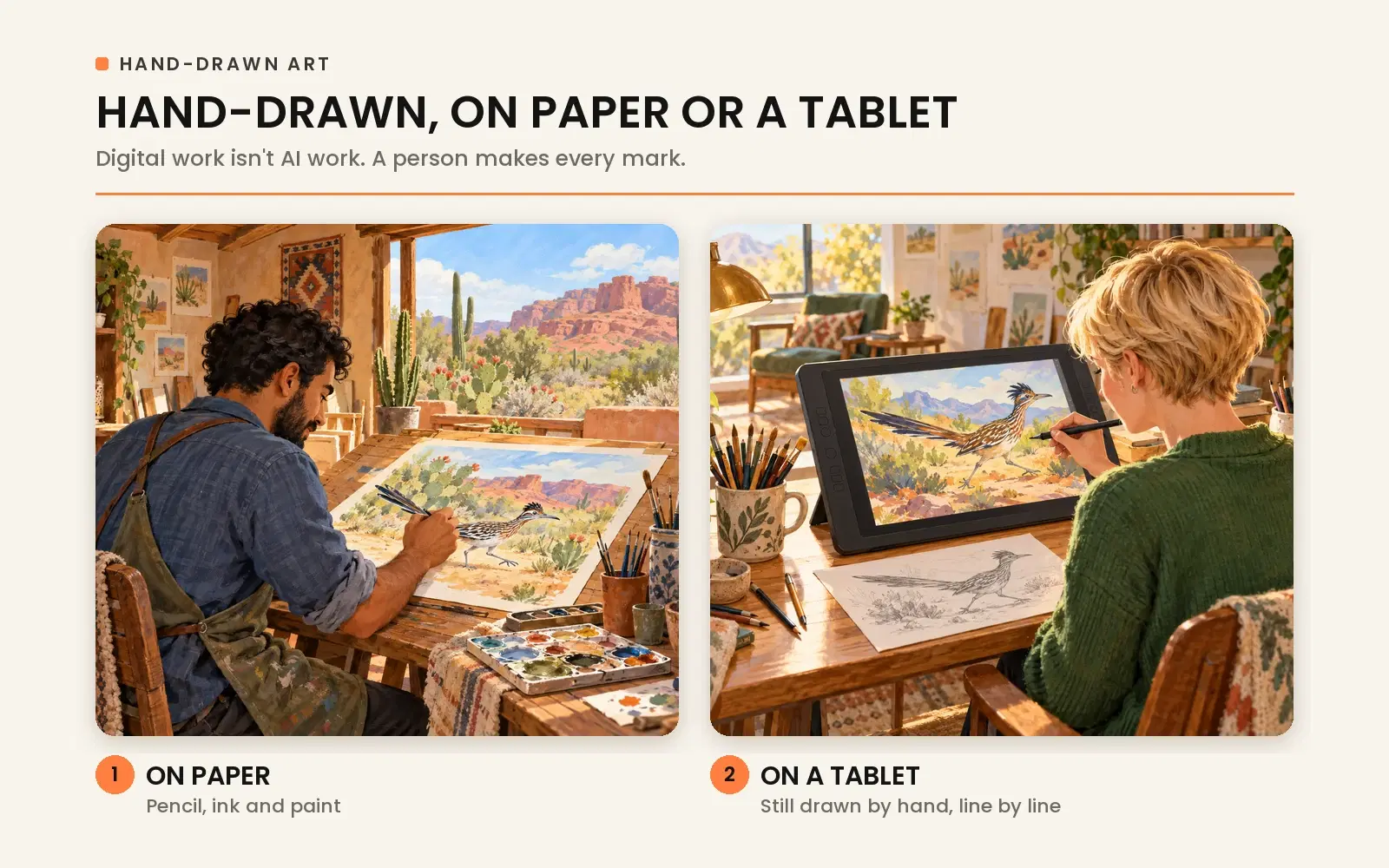 Hand-drawn on paper or tablet: professional digital illustration on tablets compared to artificial intelligence image synthesis.