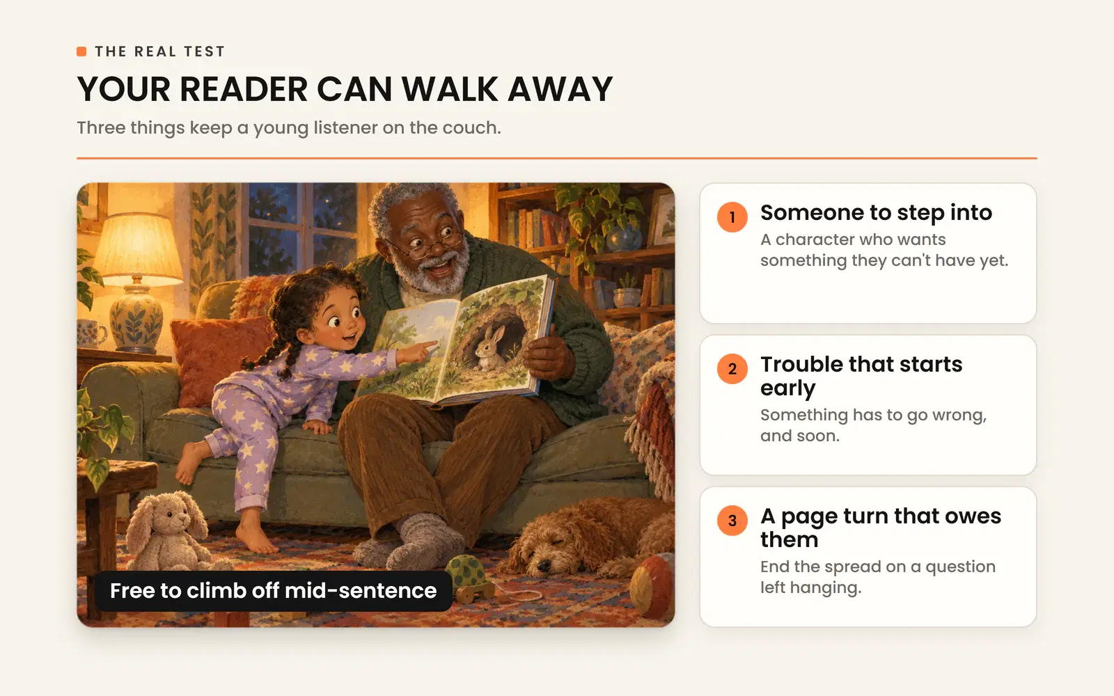 A child who can walk away, held by a character, early trouble and a page turn that leaves a question.