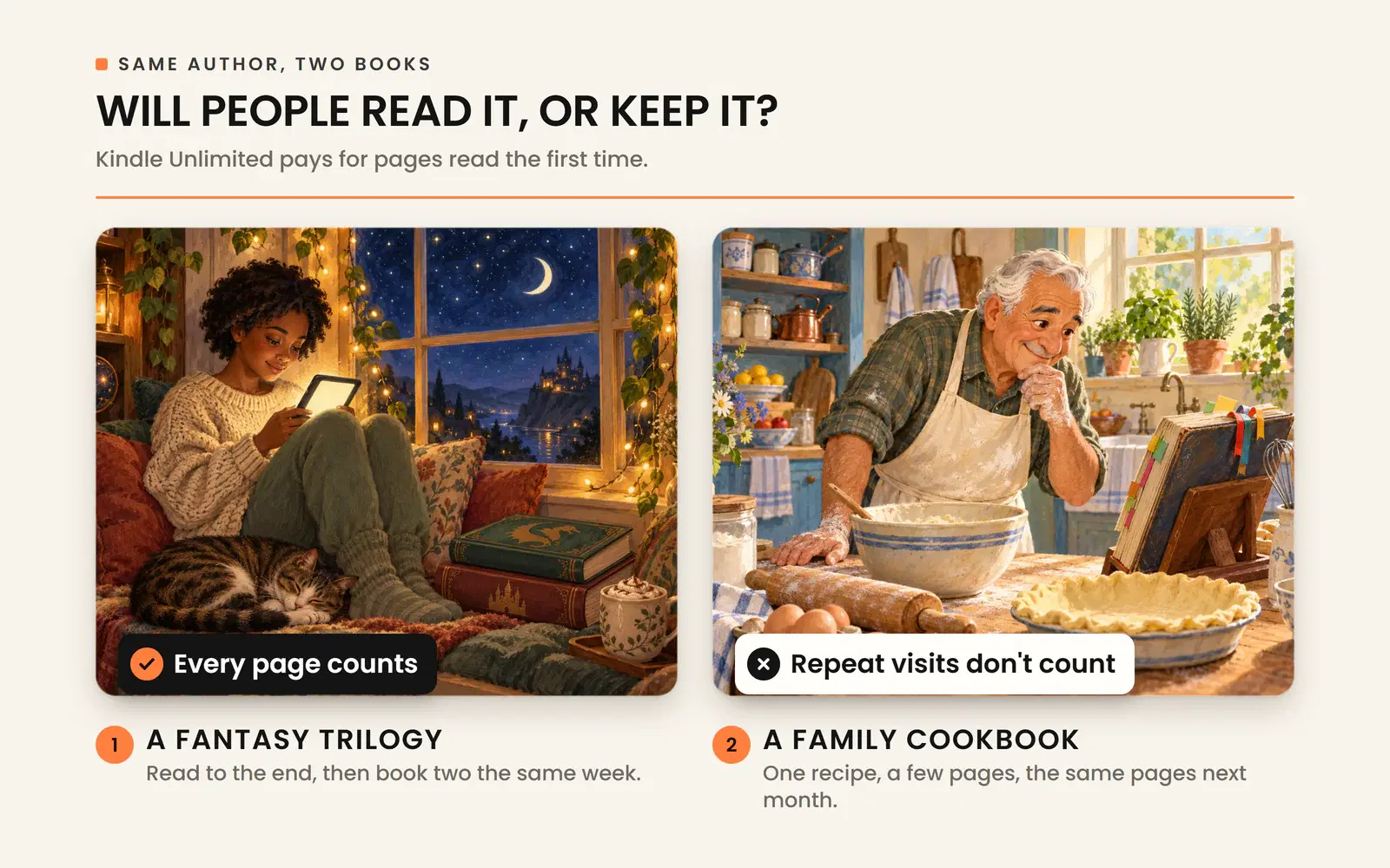 A fantasy trilogy read straight through versus a family cookbook reread, and how Kindle Unlimited counts pages.