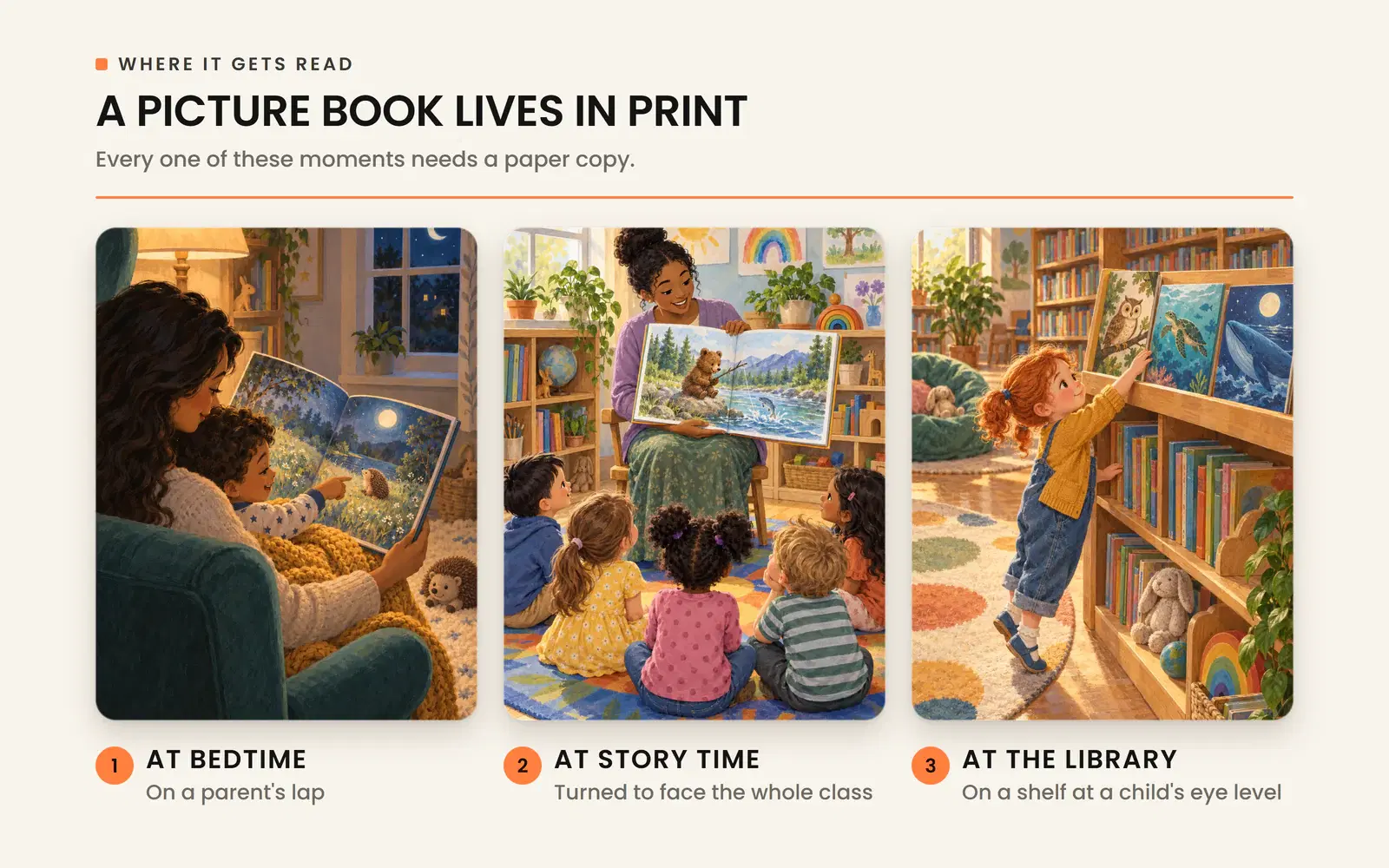 A picture book read in print at bedtime, at class story time and on a library shelf at a child's eye level.