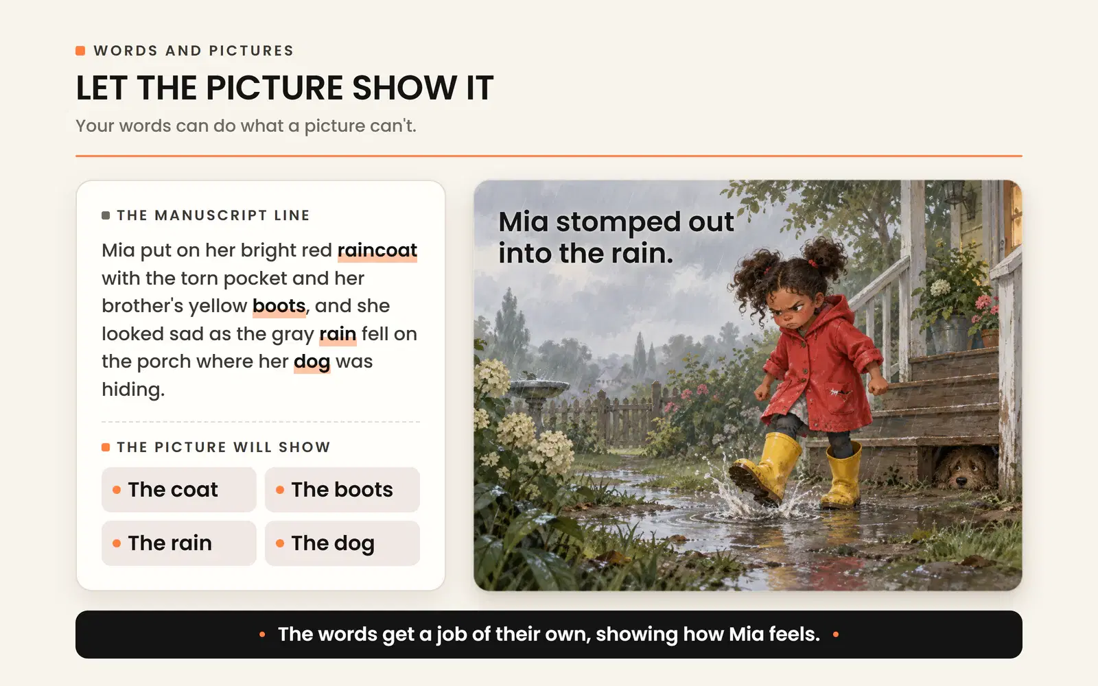 An overwritten manuscript line next to "Mia stomped out into the rain." and a picture showing the details.
