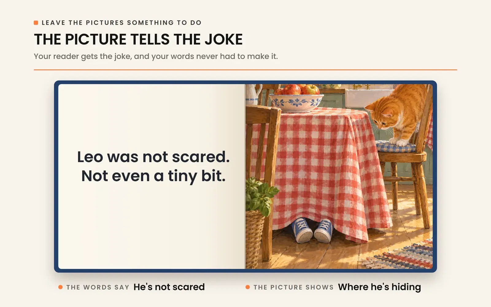 Picture book spread where the text says Leo isn't scared and the picture shows him hiding under a table.