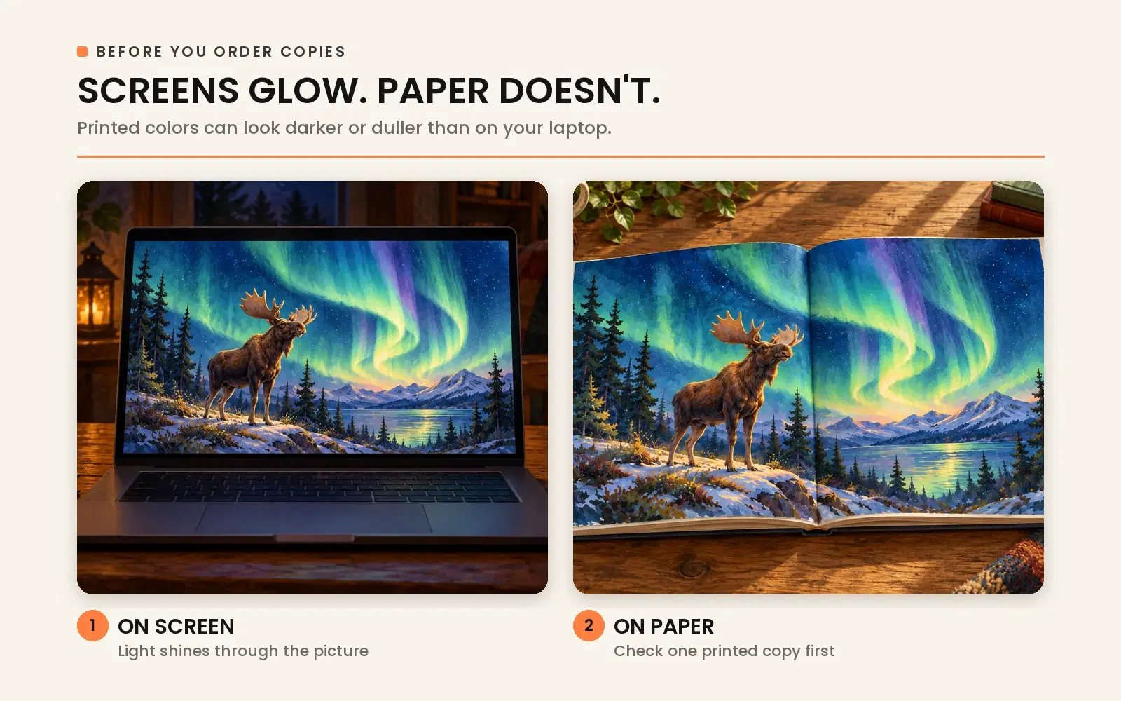Comparing backlit laptop displays with physical printed paper: why ordering a physical proof is necessary before printing multiple copies.