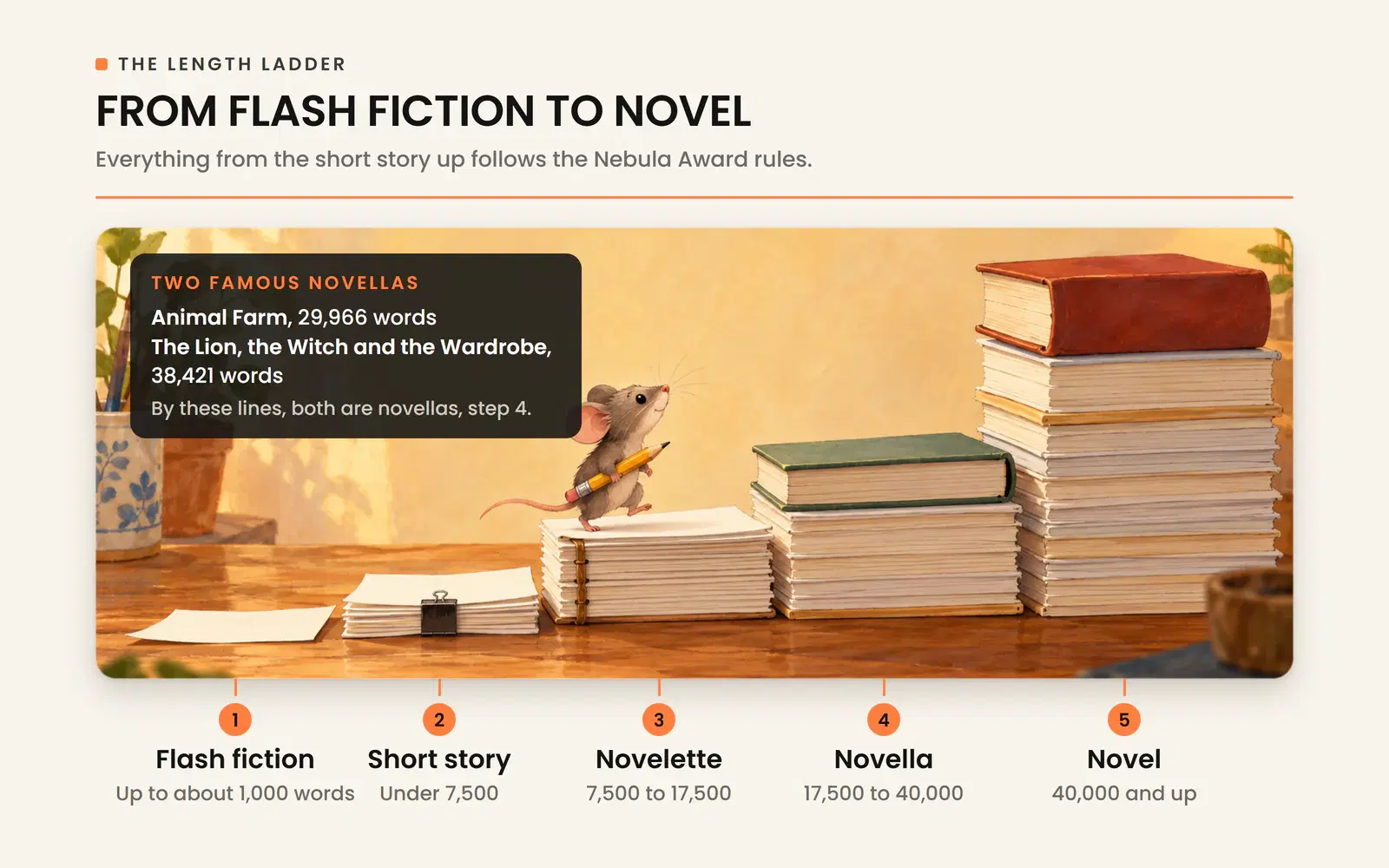 Word count ladder from flash fiction to novel, with novelette and novella ranges and two famous novellas.