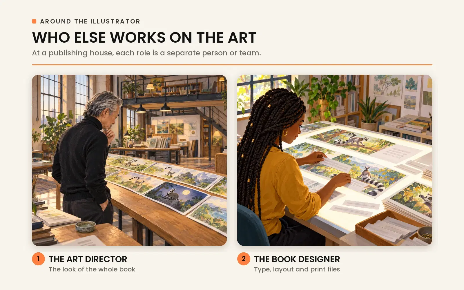 Who else works on the book art: art directors, book designers, editors, and production specialists collaborating with the illustrator.