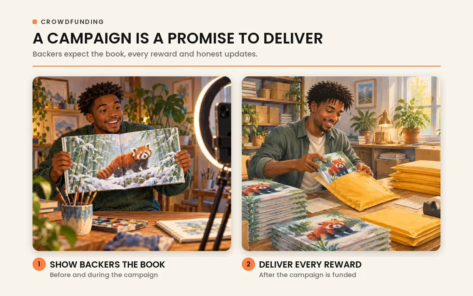 A campaign is a promise to deliver: show backers the book during crowdfunding and fulfill every promised reward.