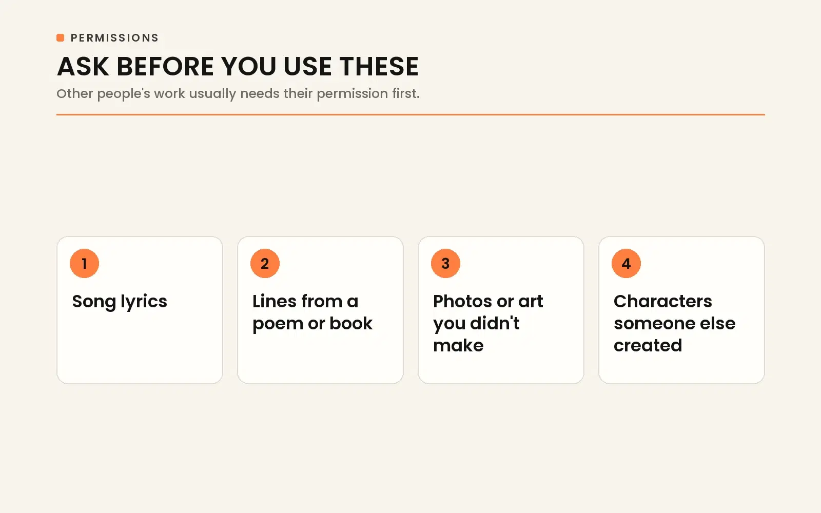 Ask before you use these: song lyrics, lines from a poem or book, photos or art you didn't make, and third-party characters.