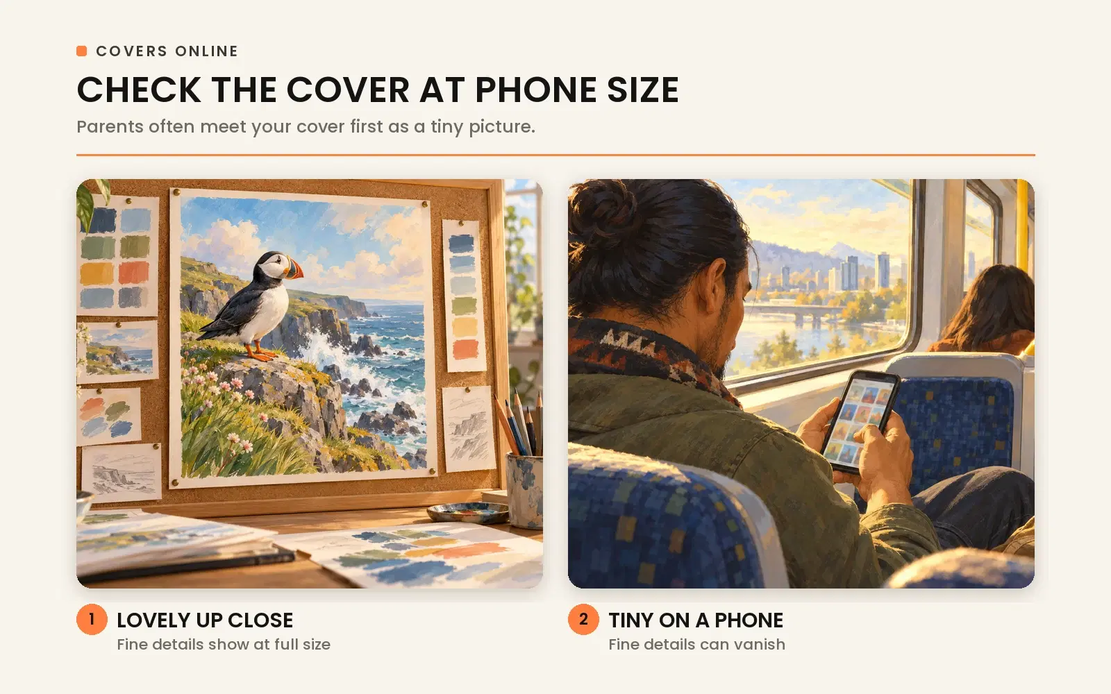 Check the cover at phone size: fine details that show full size can vanish when viewed as a thumbnail on a smartphone.
