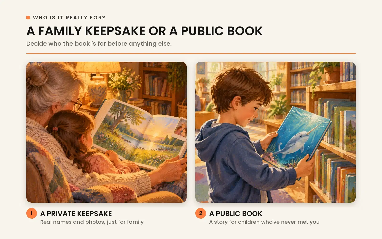 Deciding between a family keepsake featuring real photos and personal names versus a public picture book illustrated for unfamiliar young readers.