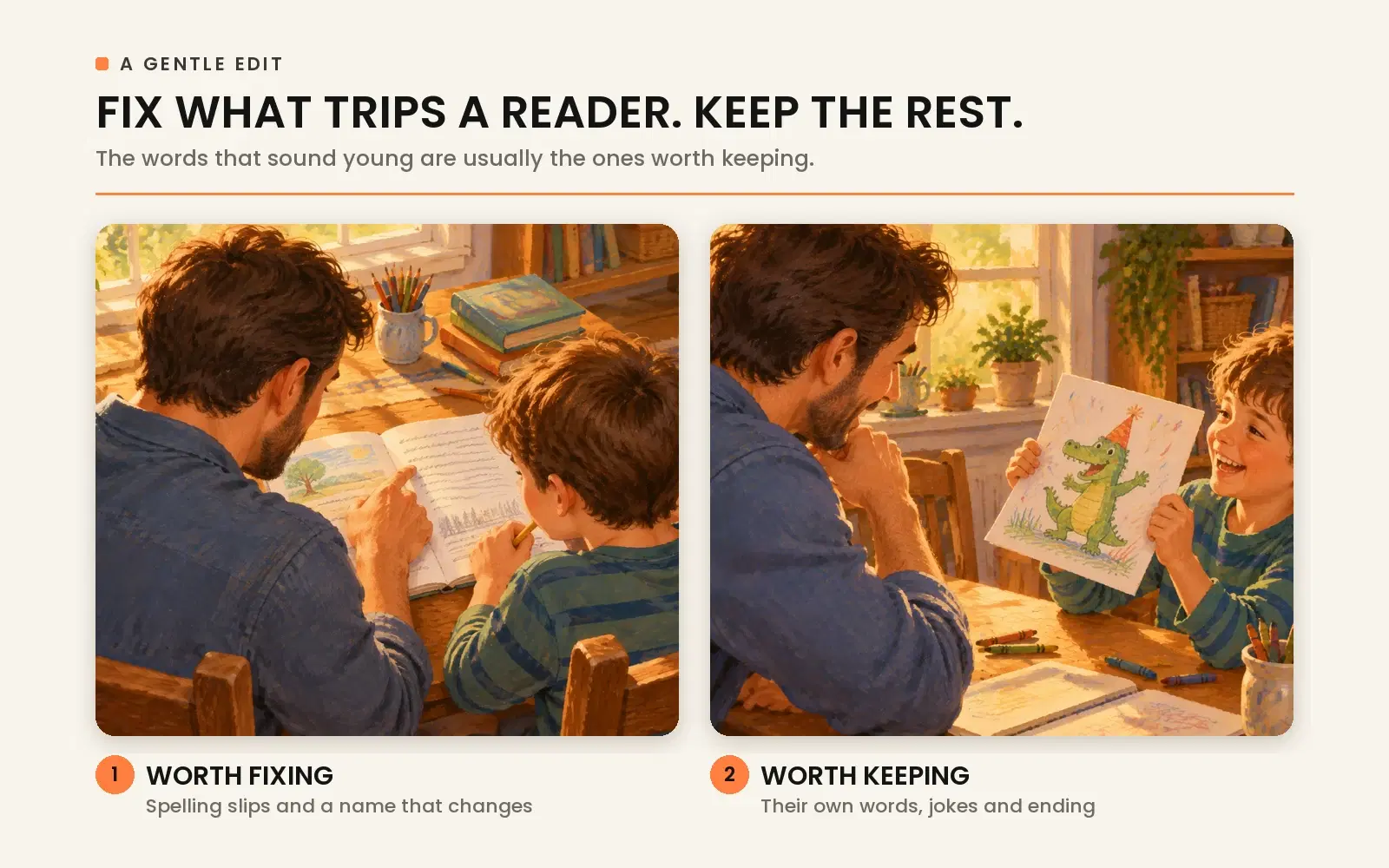 Gentle editing for child authors: fix spelling slips and accidental name changes, but keep their original voice, humorous lines, and authentic ending.