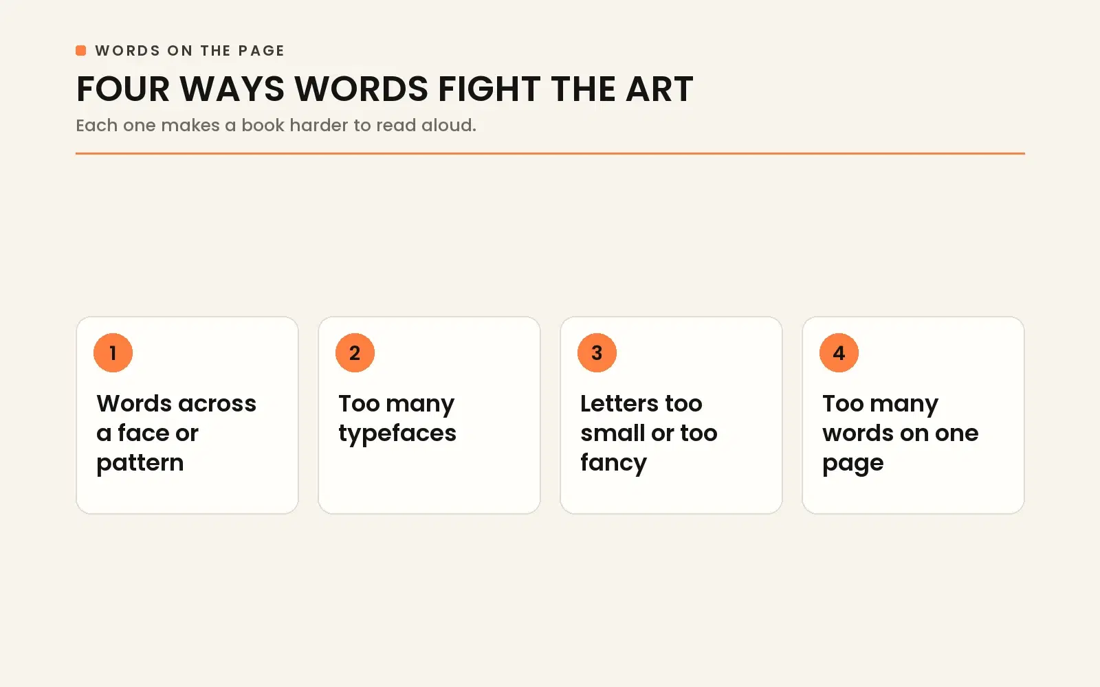 Four ways words fight the art: words across faces or patterns, too many typefaces, tiny or fancy fonts, and text overload.