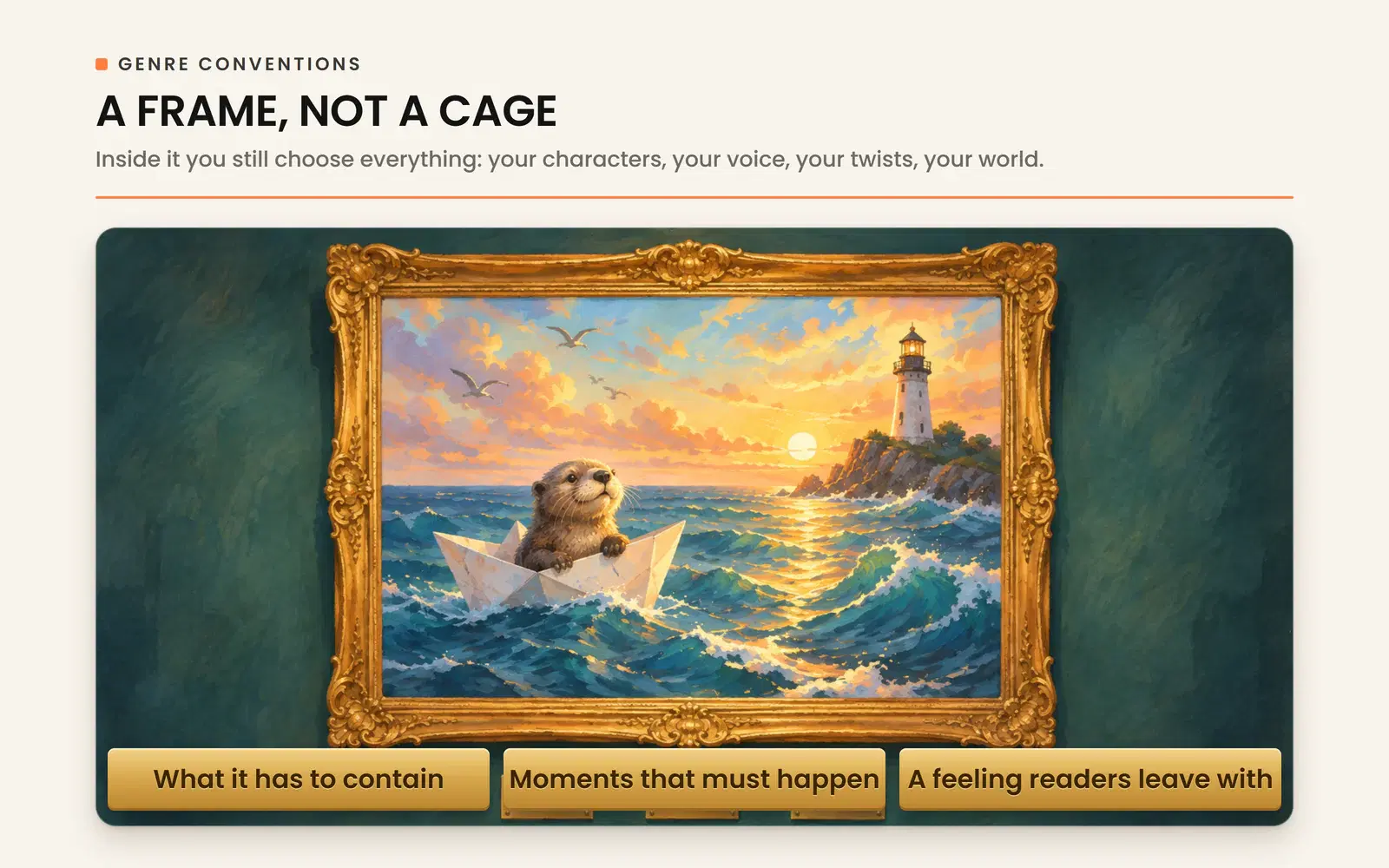 Genre conventions as a frame: things a book must contain, moments that must happen and a feeling readers leave with.