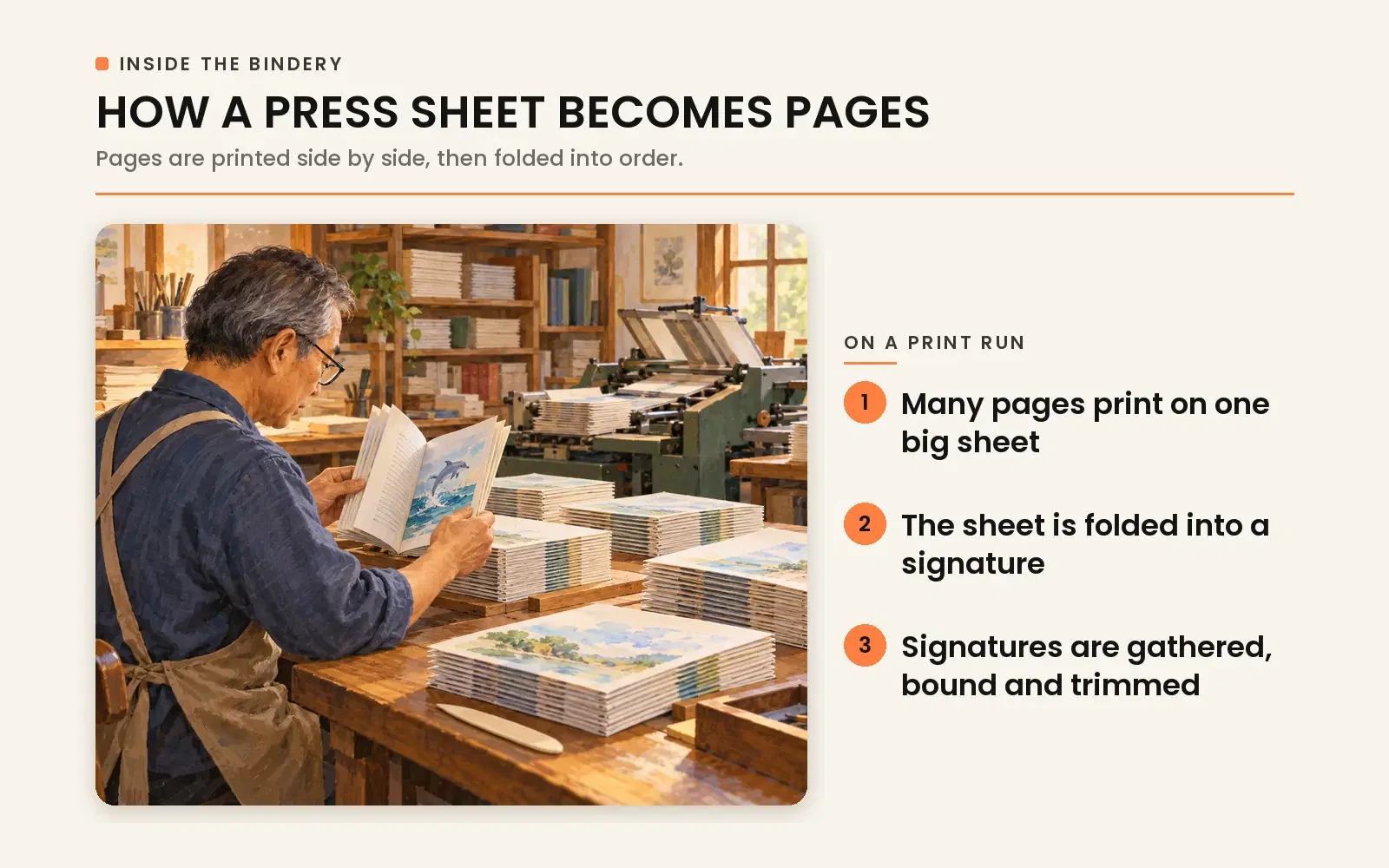 How a press sheet becomes pages: many pages print on one big sheet, folded into a signature, gathered, bound, and trimmed.