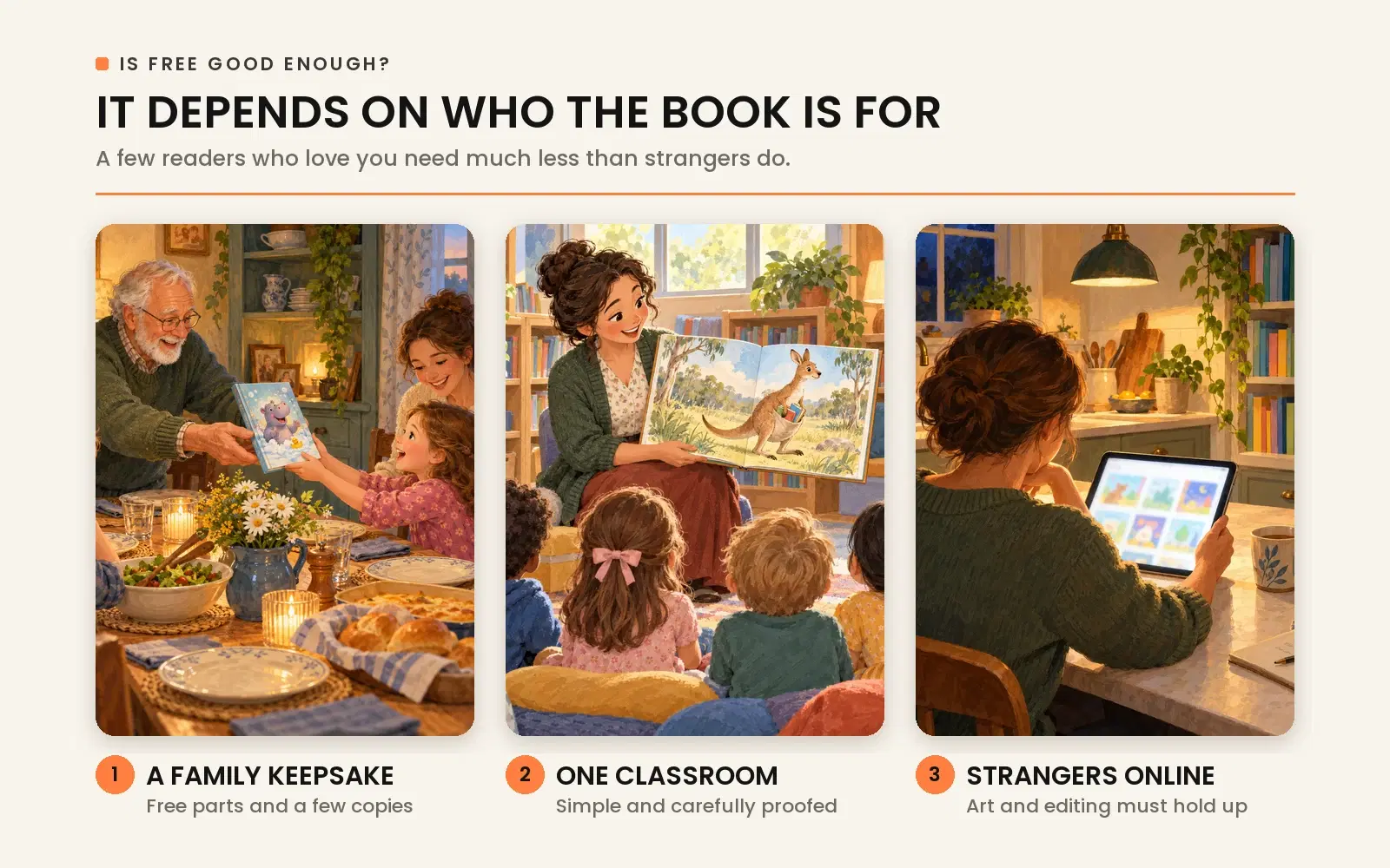 Deciding when free publishing is enough: family keepsakes need only basic copies, while books competing for online readers require polished art and editing.