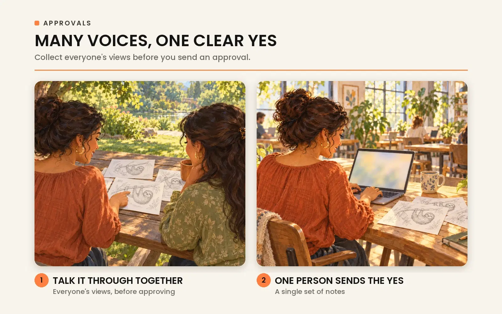Many voices, one clear yes: talk it through together before one person sends the final approval notes.