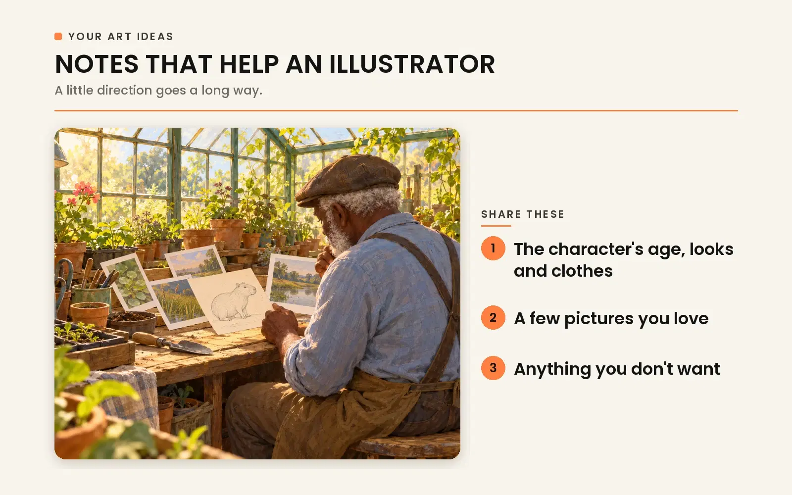 Notes that help an illustrator: character age, appearance, clothing, reference pictures you love, and what you don't want.