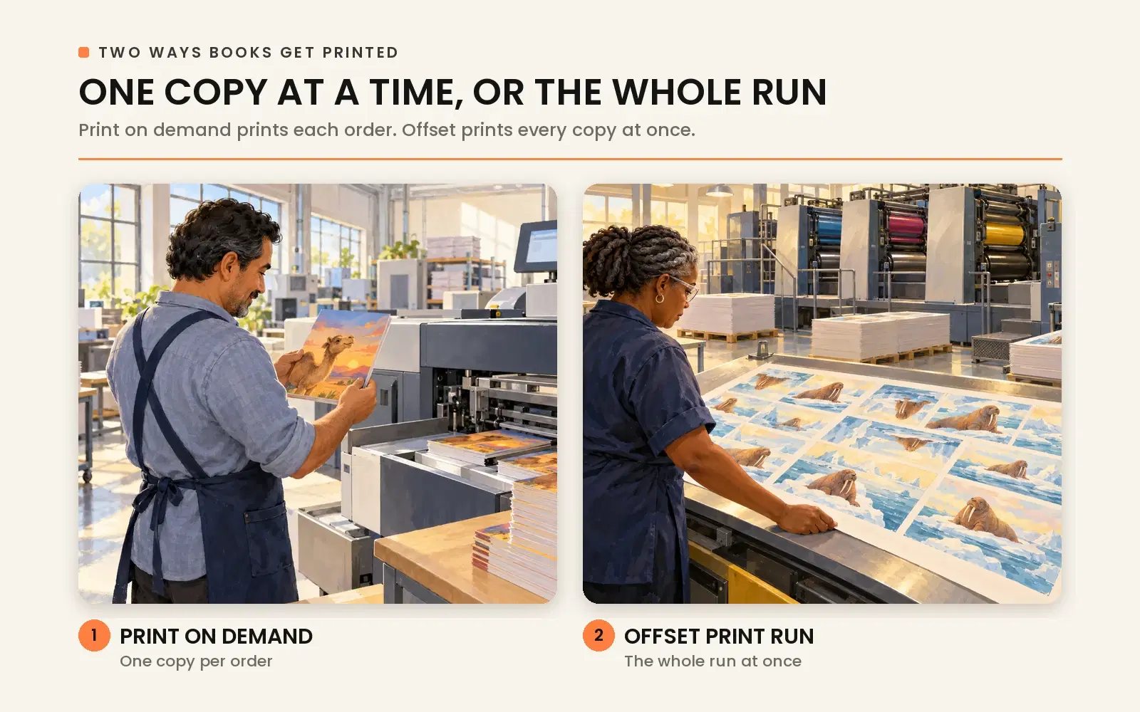 Print on demand prints each order one at a time versus offset print runs printing the whole run at once.