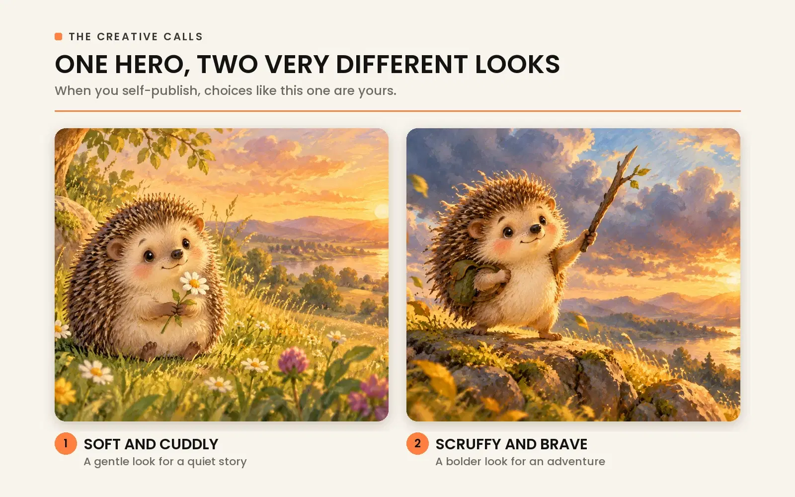 Creative choices in self-publishing: one hedgehog character rendered soft and cuddly for a quiet bedtime story versus scruffy and brave for an adventure.
