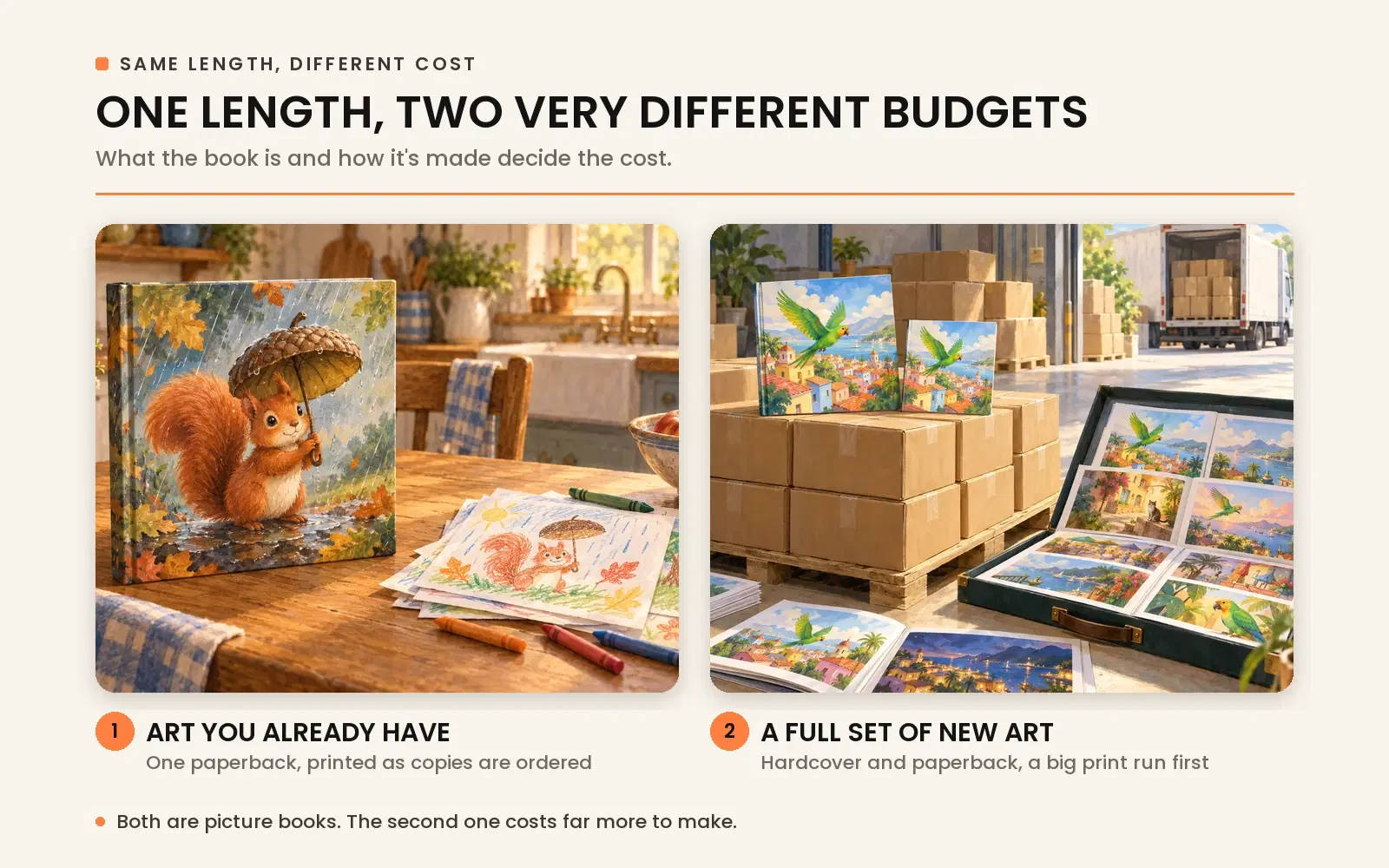Two picture books of the same length with different budgets: existing art printed on demand versus a full set of new art with a big print run.
