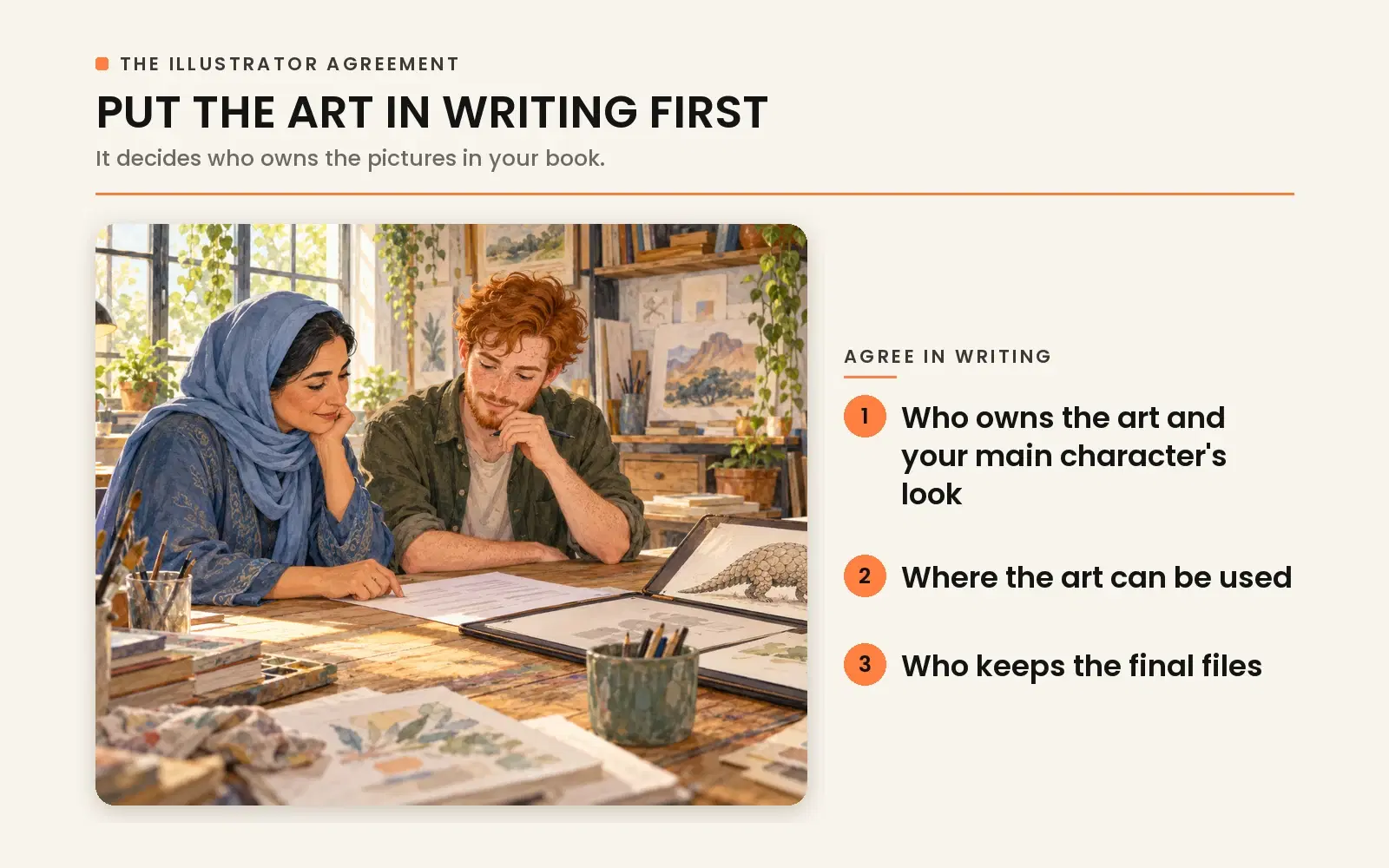 Put the art in writing first: agree in writing who owns the art and character look, where it can be used, and who keeps final files.