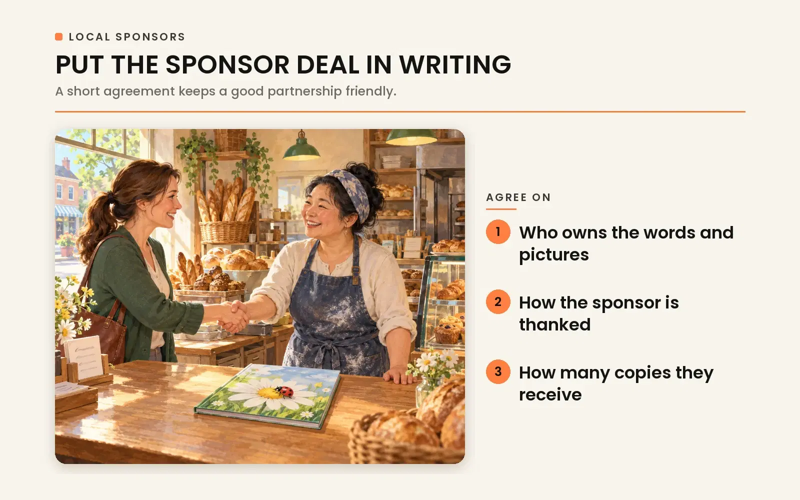 Put the sponsor deal in writing: agree on copyright ownership, sponsor acknowledgment, and complimentary copies.