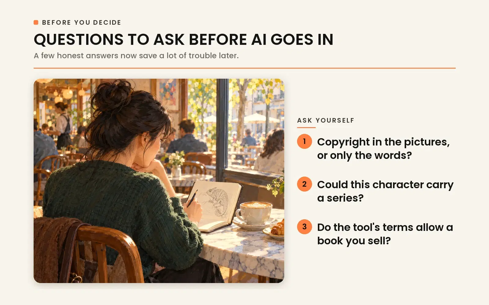 Questions to ask before AI goes in: copyright ownership, character series viability, and tool commercial terms.