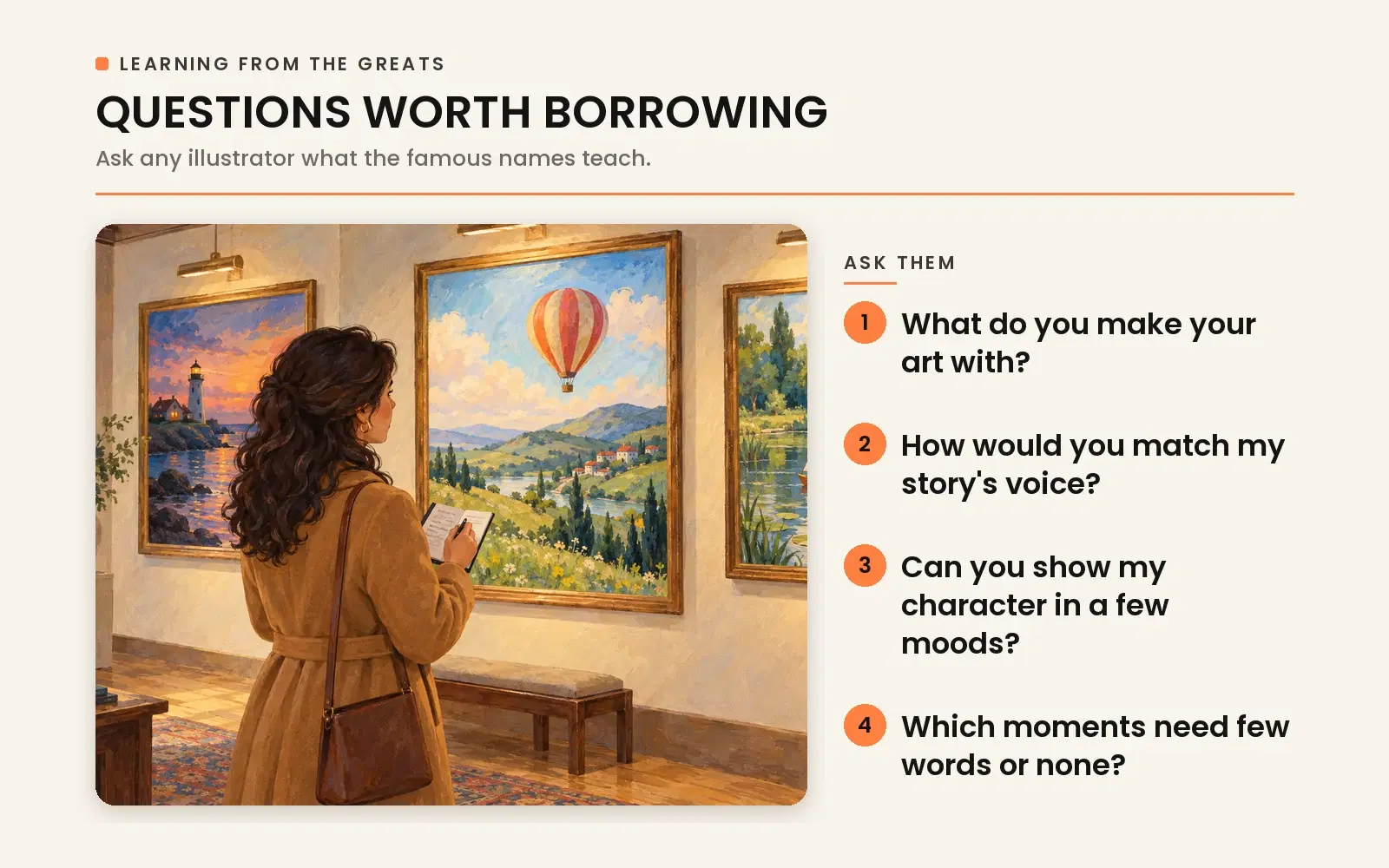 Questions worth borrowing from famous illustrators: asking candidates about medium, character consistency, and storytelling rhythm.