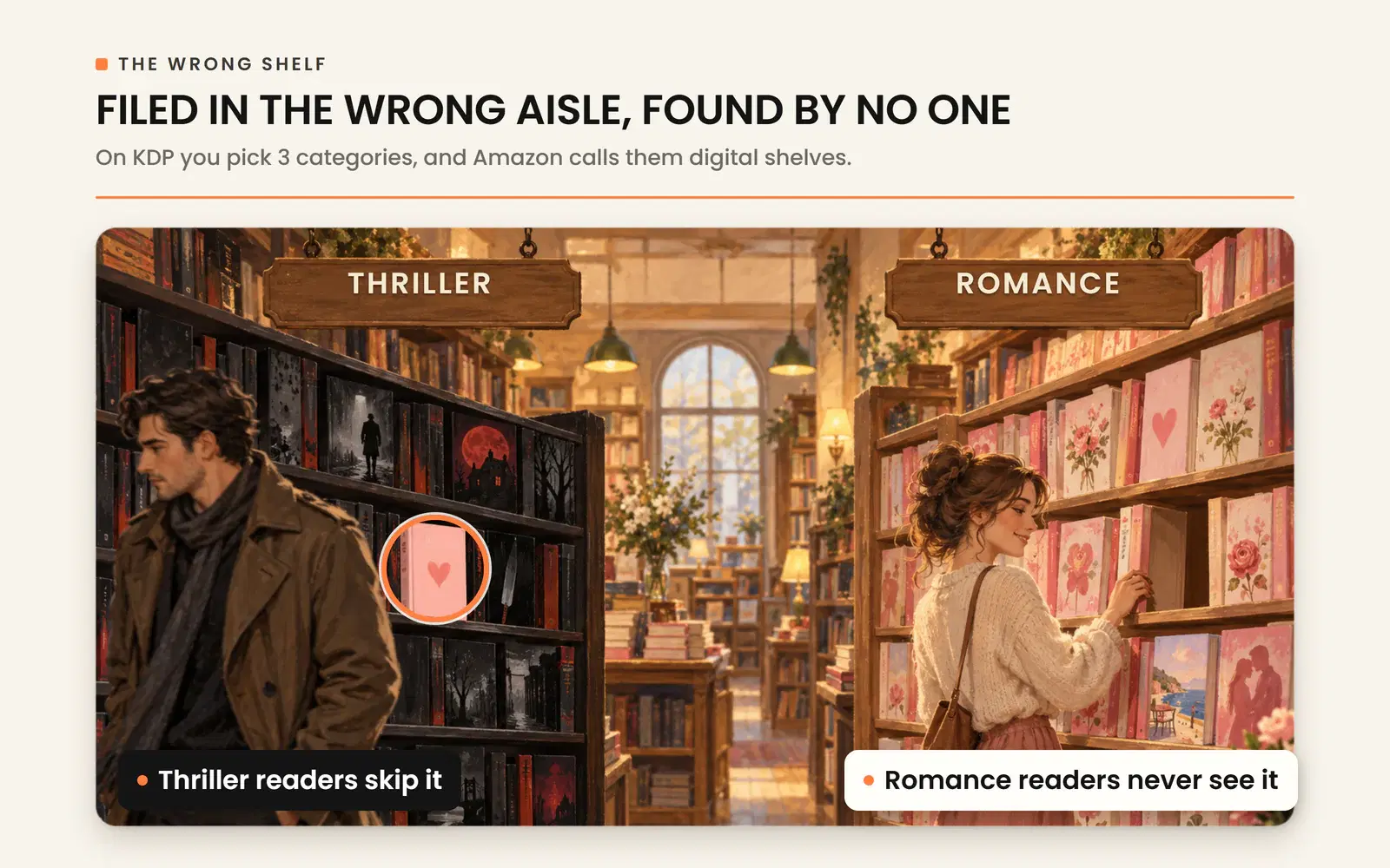 A romance shelved in the thriller aisle, skipped by thriller readers and never seen by romance readers.