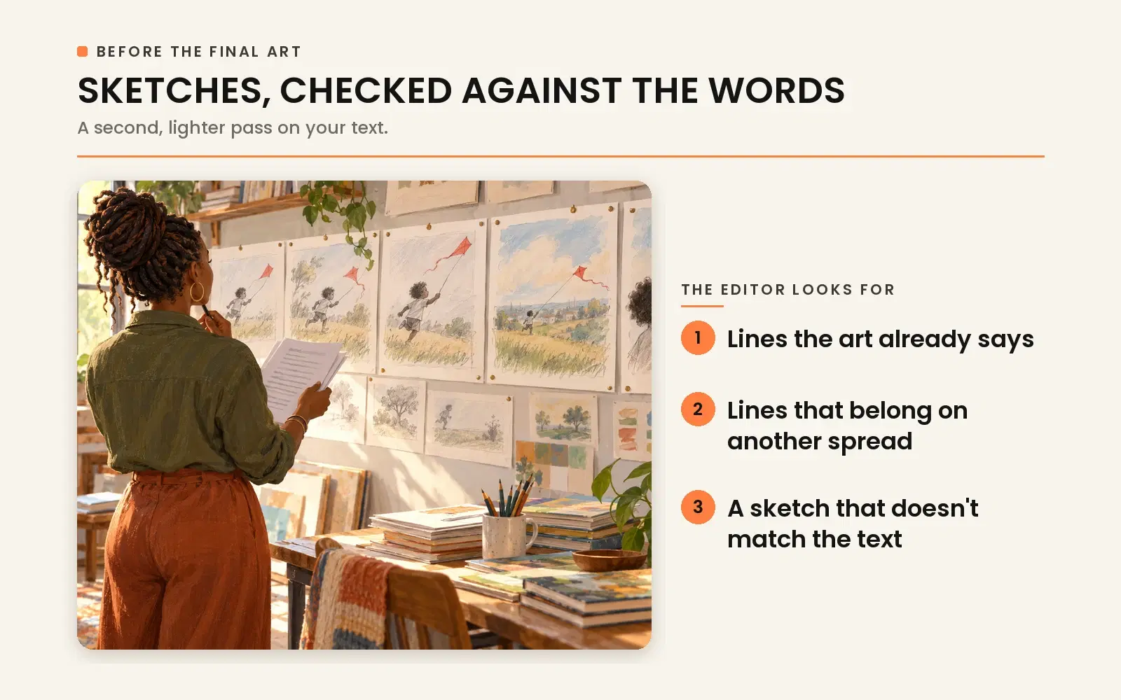 Sketches checked against the words: checking for lines the art already tells, spread placement, and text-image match.