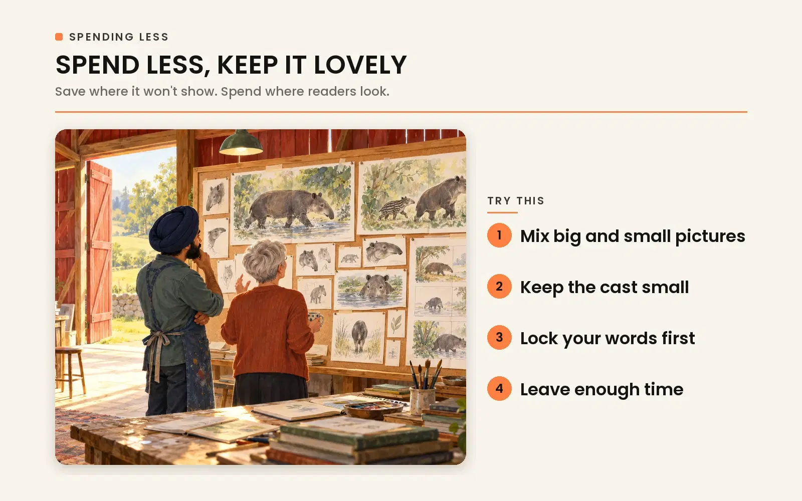 Ways to spend less on illustration without looking cheap: using spot illustrations strategically, combining text pages, and keeping revisions minimal.