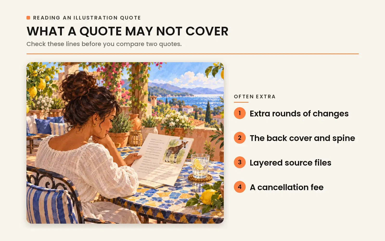 What an illustration quote may not cover: cover design and typography, character design sheets, extra revisions, and commercial rights.