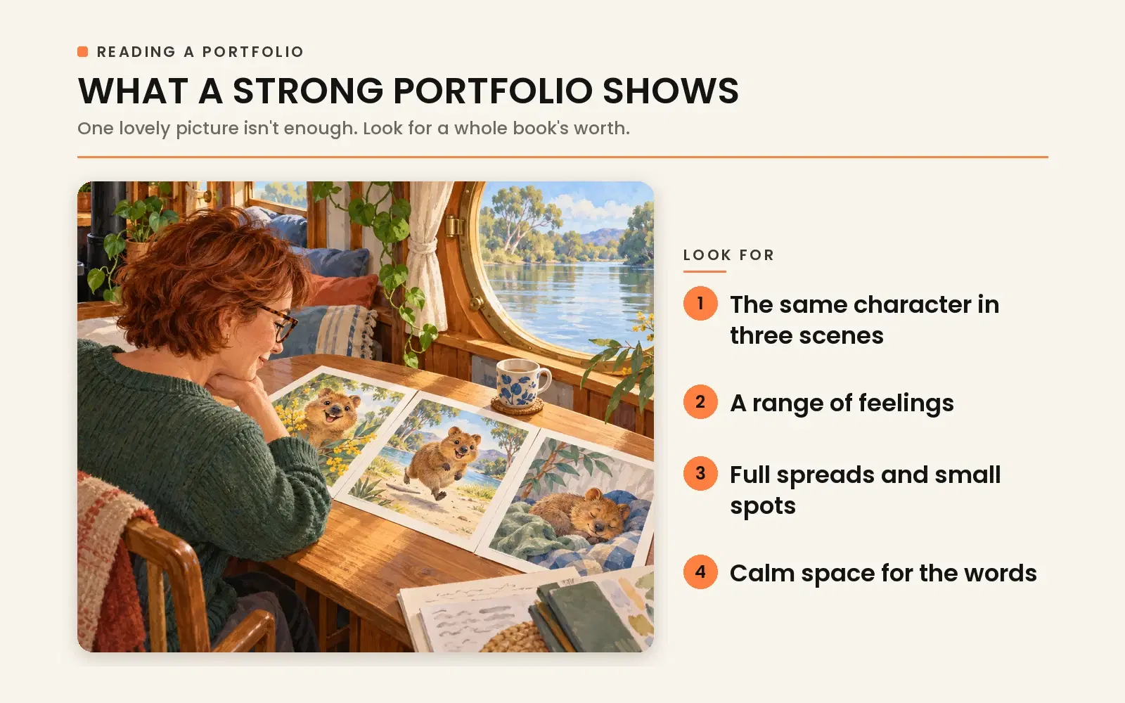 What a strong picture book portfolio shows: character consistency across multiple angles and emotions, setting details, and text placement.