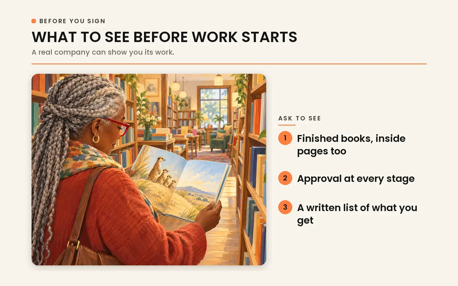 What to see before work starts: finished books with inside pages, staged approval milestones, and a clear itemized deliverables list.