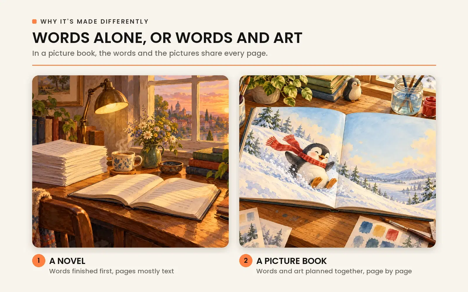 Comparing a novel where words are finished first to a picture book where words and art are planned together page by page.