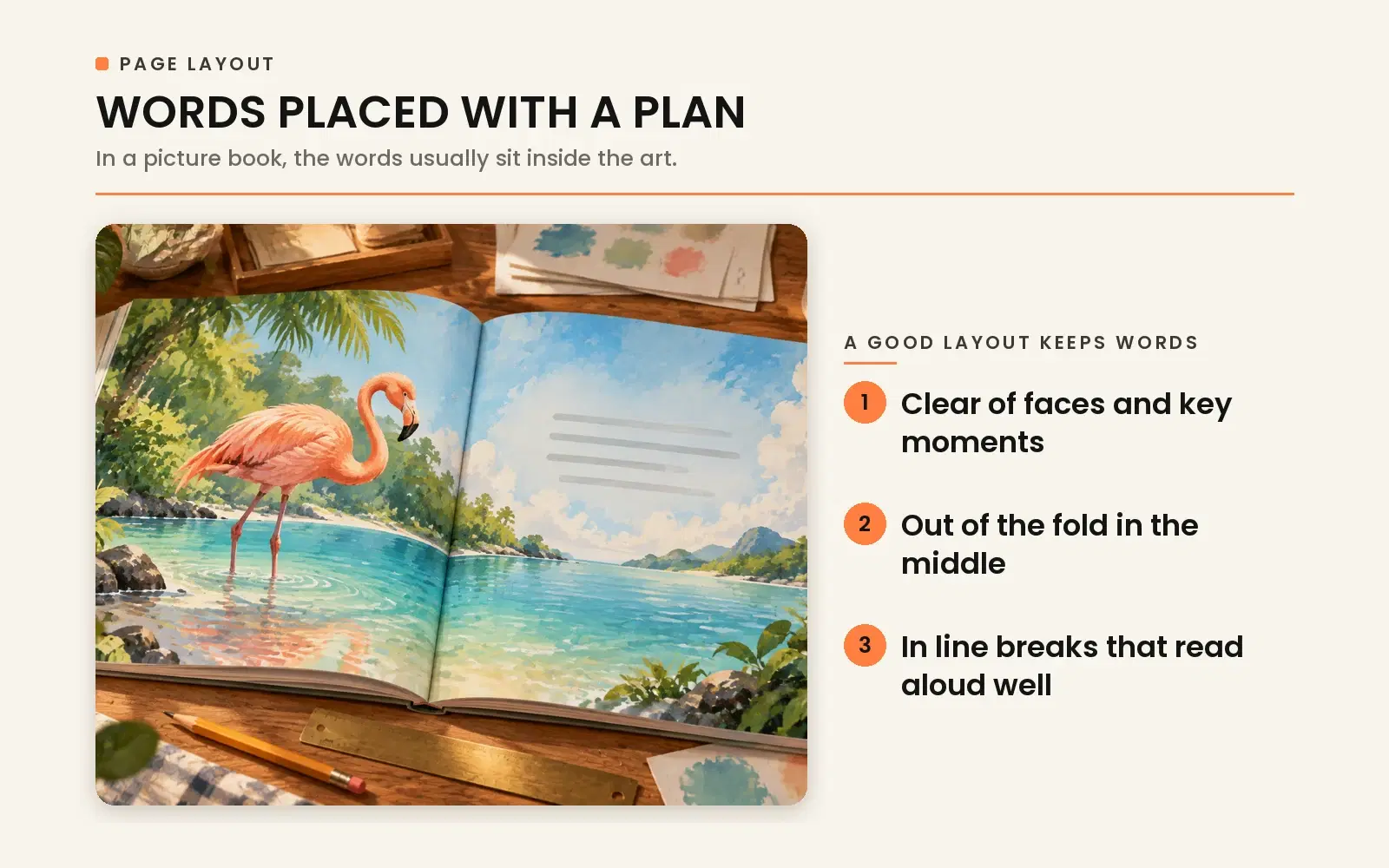 Picture book layout principles: positioning typography clear of faces, away from the center gutter fold, and formatted for natural read-aloud pacing.