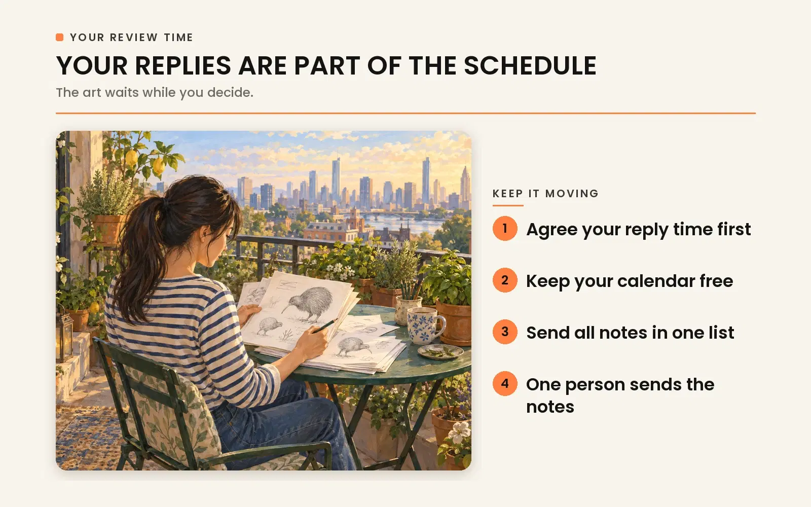 Your replies are part of the schedule: author review turnaround times directly impact illustrator timelines and project delivery dates.