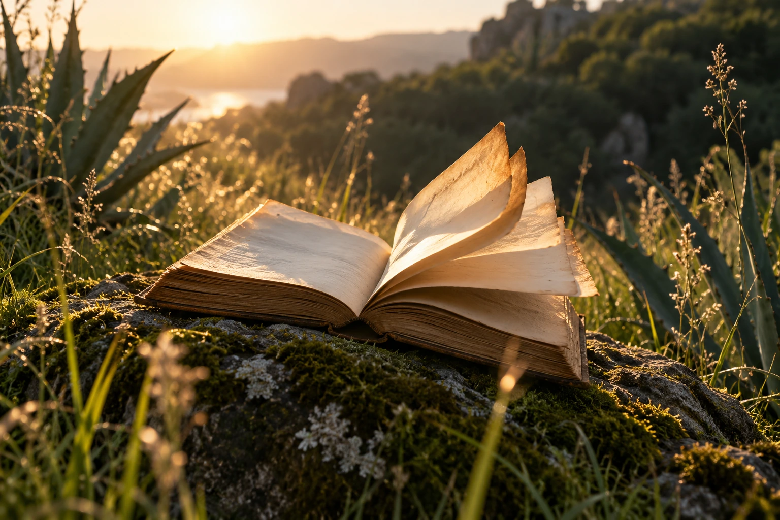 Open Book in Sunny Meadow Nature