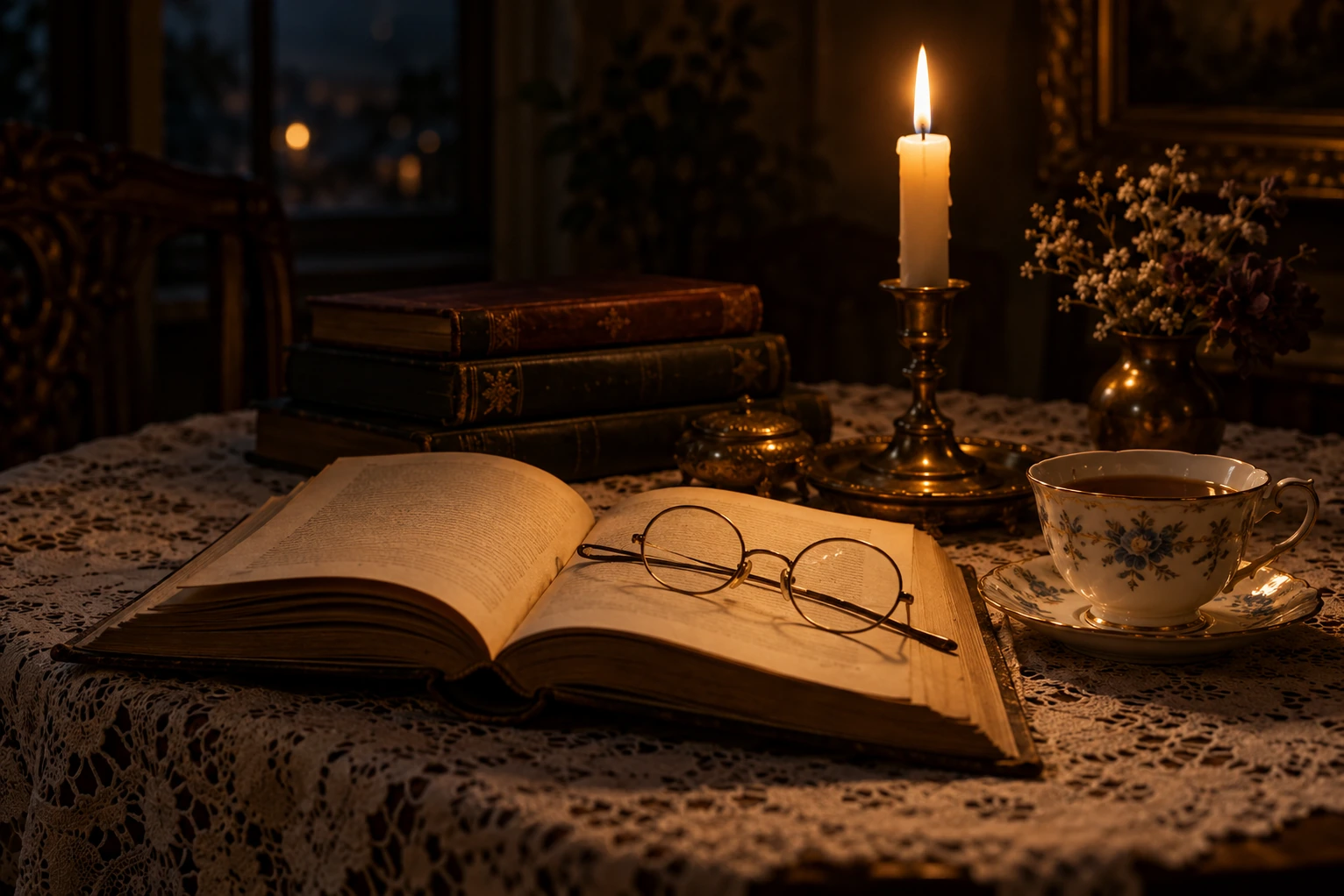 Open Novel with Candle and Glasses