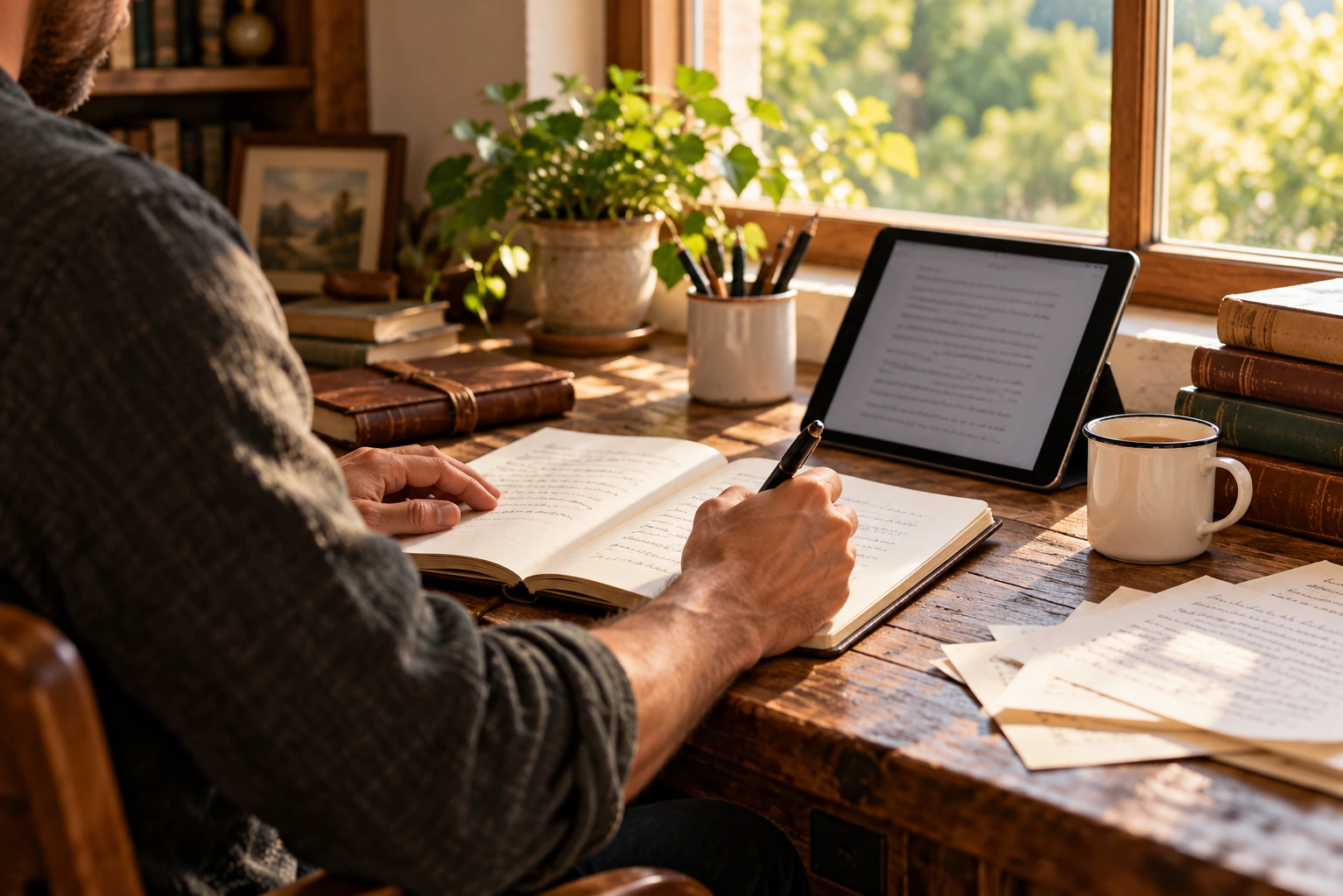 Author writing manuscript at desk